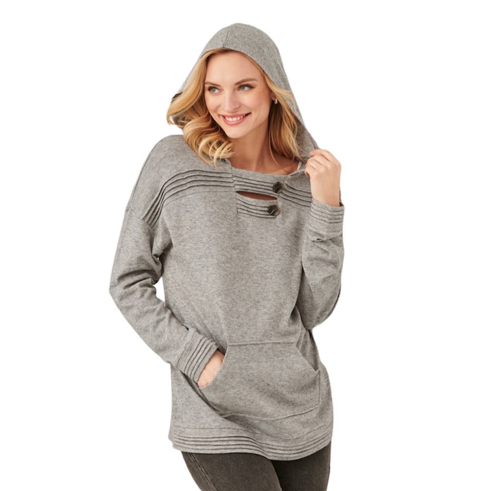Charlie Paige Hooded Sweater Pleated Buttons Gray NWT Women’s Size M